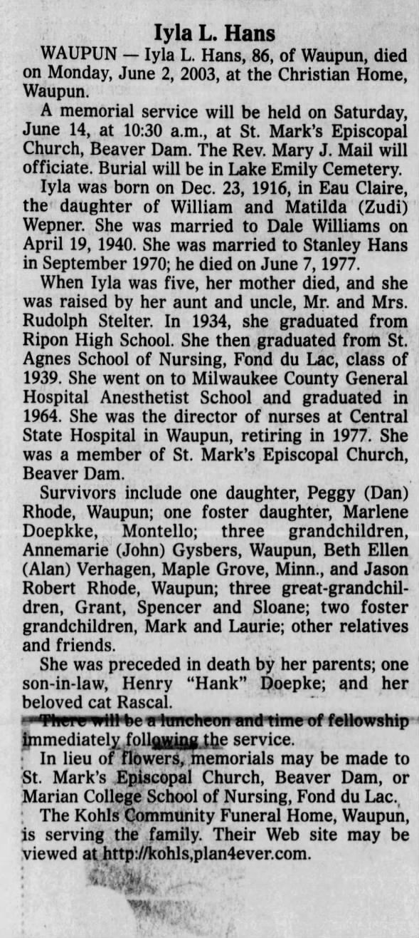 Obituary for Iyla L. Hans, 1916-2003 (Aged 86)
